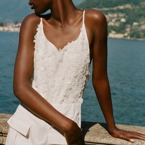 Zara NWT Flower Sequin Bodysuit Cream Size M